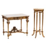 A gilt wooden Neoclassical console with marble top; added a ditto occasional table, H 84 - 111 - W