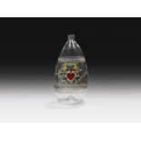 Beutelflasche, Kramsach/Alpenländisch, datiert 1748 farbloses Glas, Emailfarbendekor; Abrissnarbe am