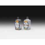 Paar Apothekerflaschen, Alpenländisch, 18. Jh. farbloses Glas, Emailfarbendekor; viereckige Form;