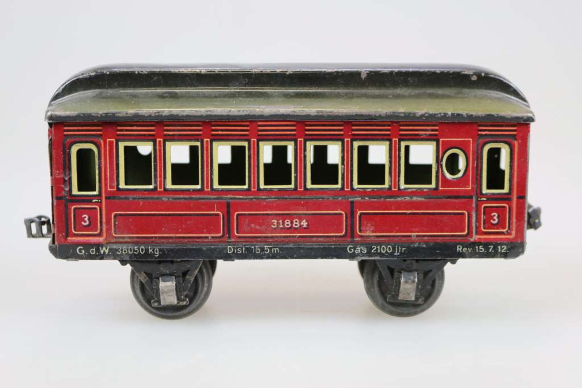 Märklin alte Spur 1, Personenwagen 3. Klasse, Nr. 31884, Blech, lithographiert. Länge: ca. 23 cm,