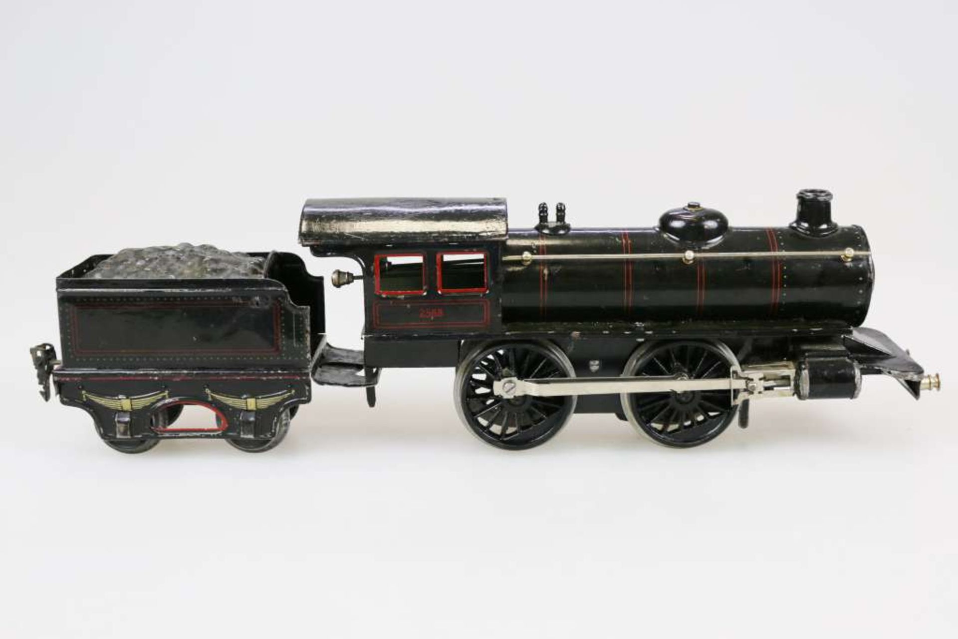 MÄRKLIN, alte Spur 1, Dampflok mit Tender, Modell 2588, Uhrwerkantrieb um 1920. Schwarz und rot - Bild 4 aus 7