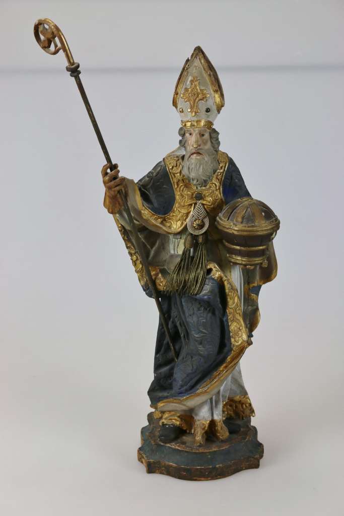 Heiliger Bischof Rupert von Salzburg, Süddeutsch, 18./19. Jh., Weichholz. Gesamthöhe: 80 cm. In