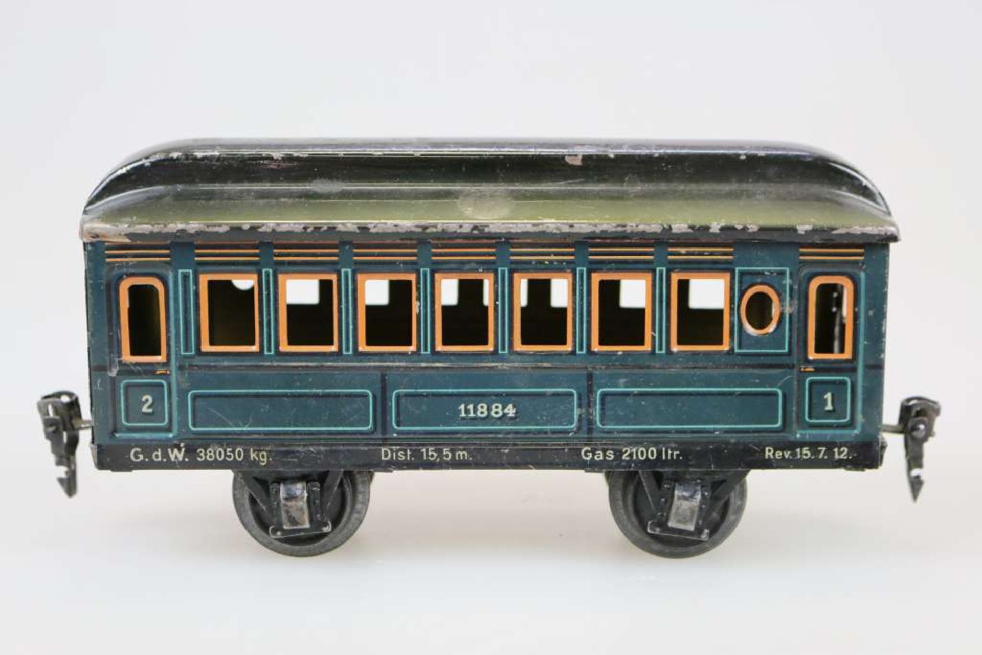 Märklin alte Spur 1, Personenwagen 2. Klasse Nr. 11884, Blech, lithographiert. Länge: ca. 23 cm,