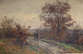Hugo DEGENHARDT (1866-1901), "Wanderer in herbstlicher Landschaft", Öl auf Malpappe, signiert