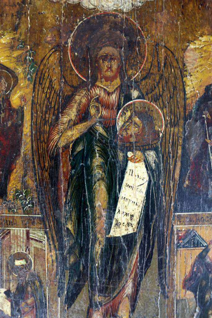 Ikone Rußland 1. Hälfte 18. Jh.. Johannes der Täufer (Vorläufer), stehend, mit dem Haupt im Kelch in - Image 2 of 3