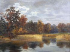Ernst RENCK (1841-1912), herbstliche Waldlandschaft mit See. Bildmaße: 35 cm x 42 cm. gerahmt.