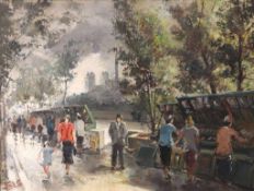 Gemälde, Öl auf Leinwand, u.re.sign. BIC, "Bouquinistes am Seine-Ufer in Paris". [...]
