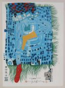 Friedensreich Hundertwasser, Farbserigraphie und Metallprägung auf dünnem Karton, [...]