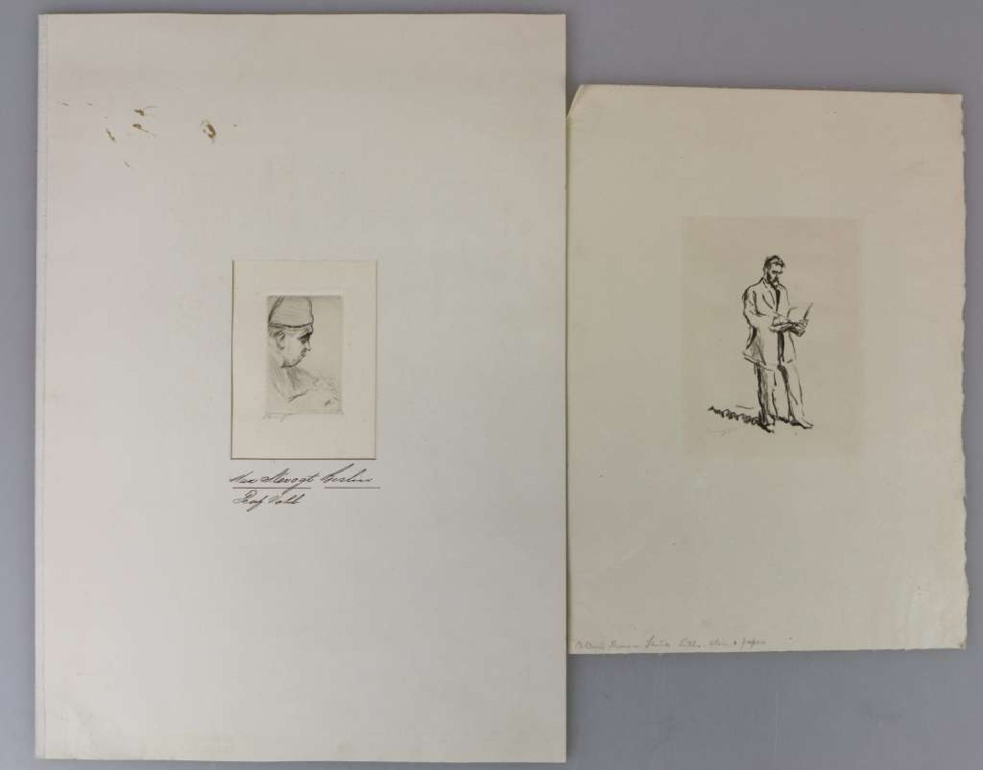 Max Slevogt, zwei Blatt Grafik: " Prof. Volb", Radierung, 7 x 4,5 cm; "Bildnis Herman [...]