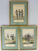 Drei handkolorierte Lithographien, darstellend Soldaten der Infanterie des Herzogtum Nassau. Maße: