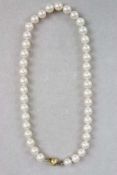 Perlenkette 8,5 - 9,0 mm, 40 Perlen mit 585er Gelbgoldverschluß. Schöner Lüster. Originalrechnung