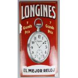 Werbeschild Emaille, Longines Uhren, Spanien um 1930. Maße: ca. 66 cm x 33 cm. Guter Zustand, rechte