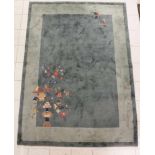 Handgeknüpfter China-Teppich, Wolle. Grün-blau mit dezentem Blumendekor. Ca. 245 x 170 cm. Guter