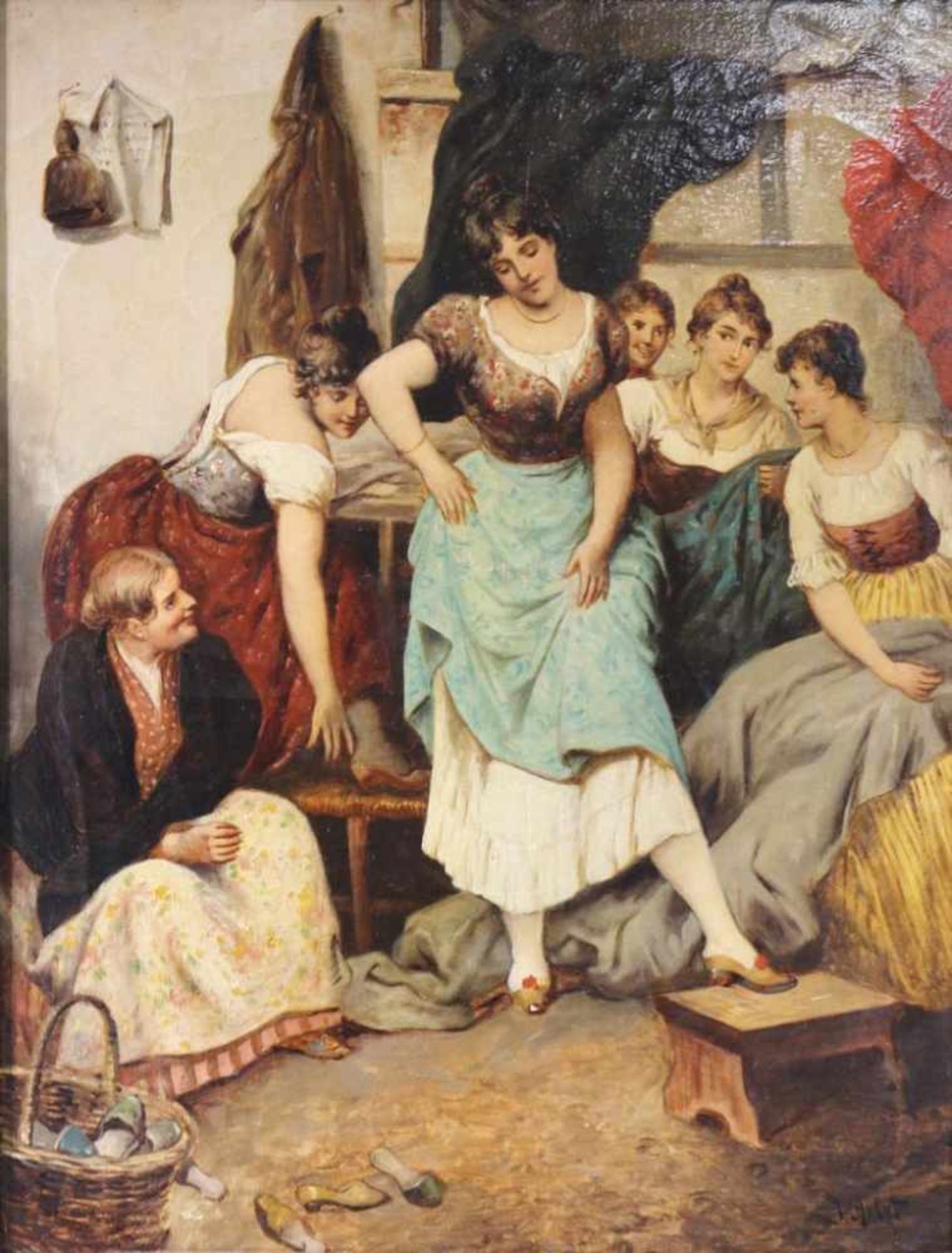 J. ARLET, Maler des 19. Jh. "Die neuen Schuhe", junge Damen bei der Anprobe, Öl auf Leinwand.