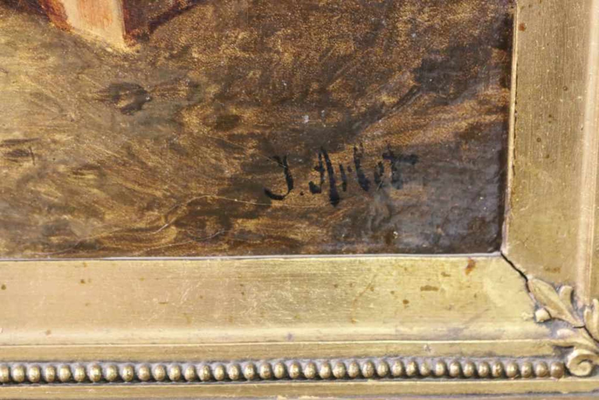 J. ARLET, Maler des 19. Jh. "Die neuen Schuhe", junge Damen bei der Anprobe, Öl auf Leinwand. - Bild 3 aus 3