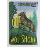 Werbeschild, Emaille, Brauerei Wolfshöhe um 1925. Maße: ca. 60 cm x 39 cm. Guter Allgemeinzustand,