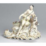 Porzellan-Figur, "Junge Dame mit nacktem Kind auf Ziegenbock", wohl Frankreich, 19. Jh., auf