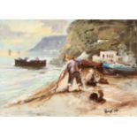 Unleserlich signierender Maler, zeitgenössisch. "Fischer beim einholen der Netze an der Küste", Öl/