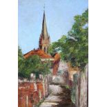 Anonymer Maler, Mitte 20. Jh. "Dorfansicht mit Kirche", Öl/Malpappe, 54 x 37 cm