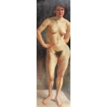 Anonymer Maler, dt. Schule um 1920, "Stehender, weiblicher Akt", Öl/Lw. auf Holz, 190 x 65 cm