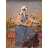 Croissant, August, Landau 1870 - 1941 ebenda. "Sitzendes Mädchen mit Korb", sign., Öl/Malpappe, 24 x