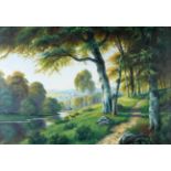 Coors, Fr., Maler Mitte 20. Jh. "Landschaft mit Bachlauf und Rotwild", sign., Öl/Lw., 76 x 105 cm