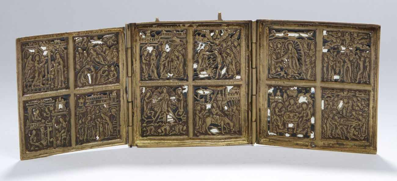 Bronze-Reiseikone, Russland, 18./19. Jh., 3-flügliges Triptychon, bestehend aus 3 Altarflügeln mit