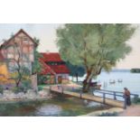 Merka, Maler Mitte 20. Jh. "Gehöft am See", Mischtechnik, sign., 32 x 48 cm