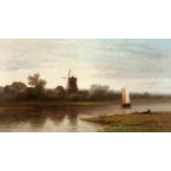 Monogrammierender Maler E. B., holländische Schule des 19. Jh. "Flußlandschaft mit Windmühle",
