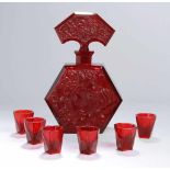 Glas-Likörset, 7-tlg., Rudolf Hlousek, Eisenbrod, um 1930, bestehend aus: Karaffe und 6 Stampern,