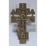 Bronze-Ikonenkreuz, Russland, 19. Jh., flache, orthodoxe Kreuzform mit 2 Seraphen und mit