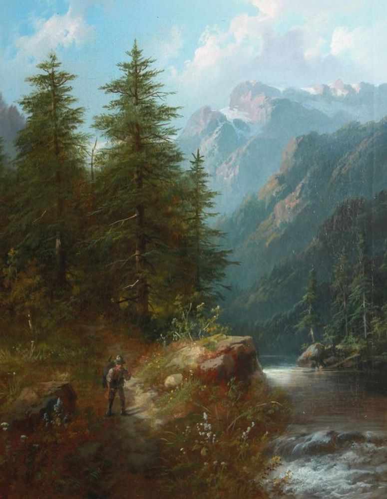 Boehm, Eduard, Wien 1830 - 1890 ebenda. "Gebirgslandschaft mit Gewässer", sign., Öl/Lw., 53 x 42 cm