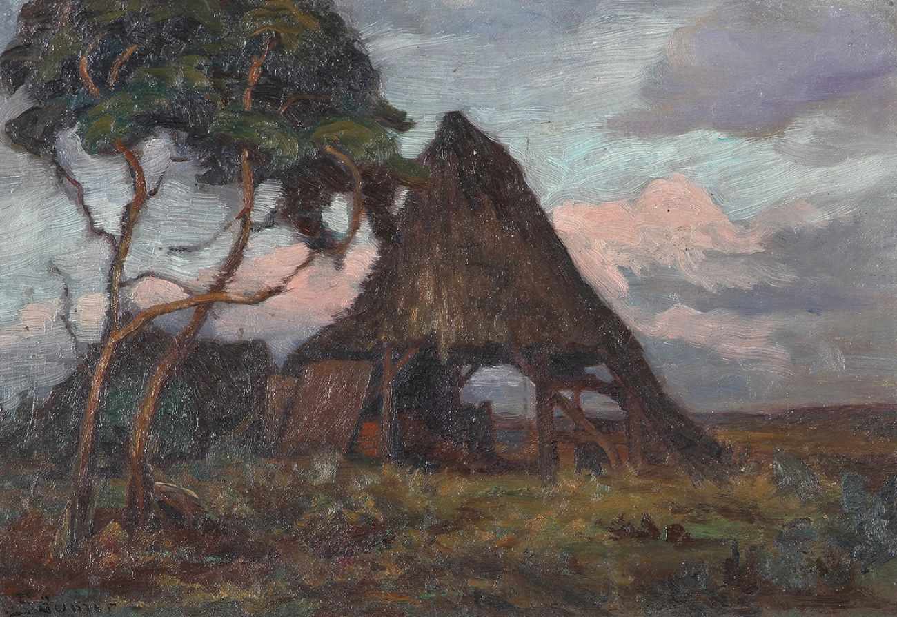 Bäumer, Rudolf, Krefeld 1870 - 1964 Bad Fallingbostel. "Landschaft mit Hütte", sign., Öl/Lw. auf