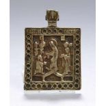 Bronze-Ikone, Russland, 18. Jh., nahezu quadratische Form mit Abschluß mit reliefiertem Mandylion,