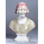 Stein-Büste, "Junge Frau mit Kopftuch", Michelotti, A., wohl italienischer Bildhauer des 19./20.