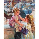 Flynn, Dianne Elizabeth, englische Malerin geb. 1939. "Ruby und Rosie am Hafen", sign., Öl/Lw., 60 x