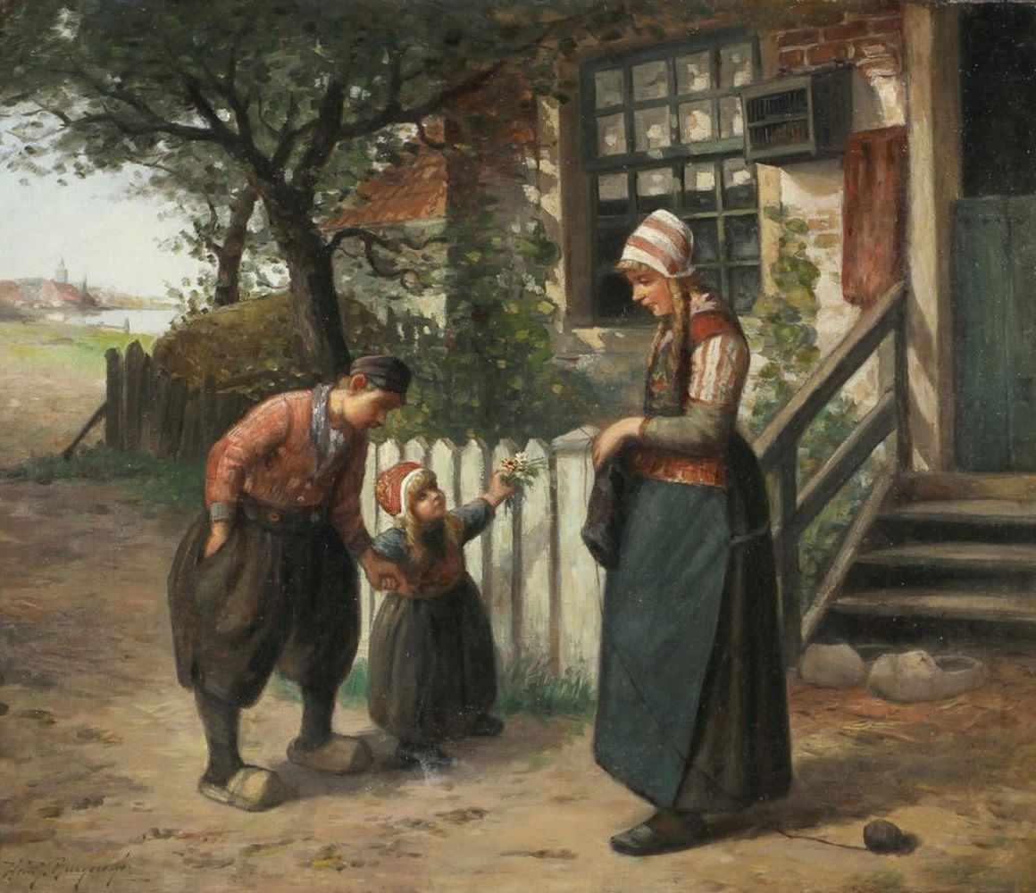 Burgers, Hendricus (Hein), Huissen 1834 - 1899 Paris, "Holländische Bauernfamilie vor dem Haus",