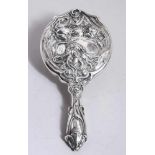 Jugendstil Handspiegel, wohl dt., Sterling Silber, stiltypische Form, Schauseite mit plastischem