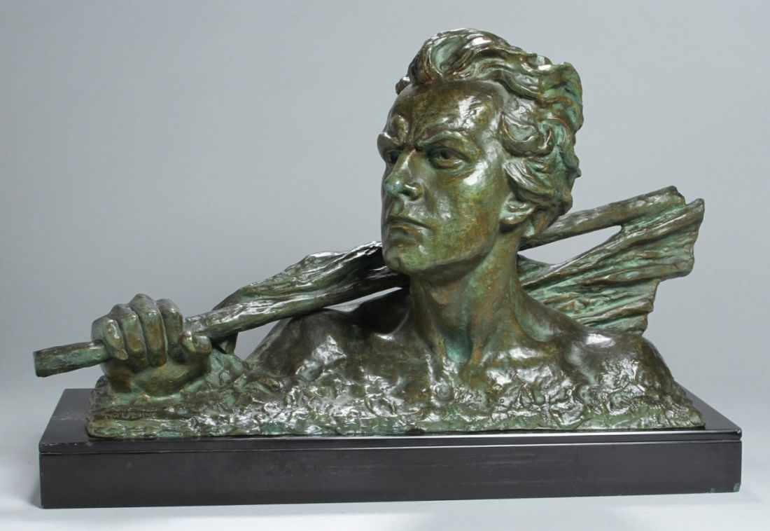 Bronze-Plastik, "Arbeit besiegt alles", Ouline, Alexandre, französischer Bildhauer, erwähnt 1918 -