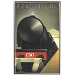 Art Déco Plakat, "Exactitude", hochrechteckige Form, polychrome Lithographie mit Dampflok, Schaffner