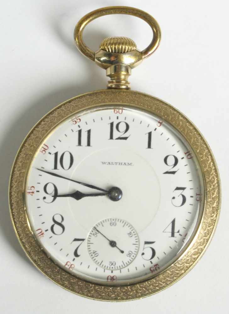 Taschenuhr, Waltham Watch Co. Waltham Mass., vergoldet, fein ziseliertes Gehäuse, Handaufzug, weißes