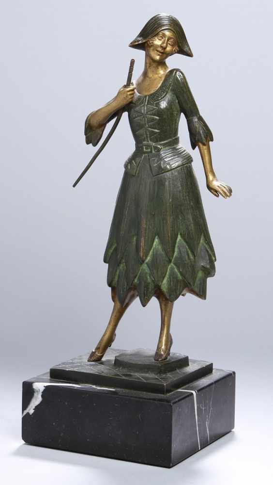 Art Déco Bronze-Plastik, "Frau in Kostüm", Granger, Geneviève, franz. Bildhauerin, Toulle 1877 -