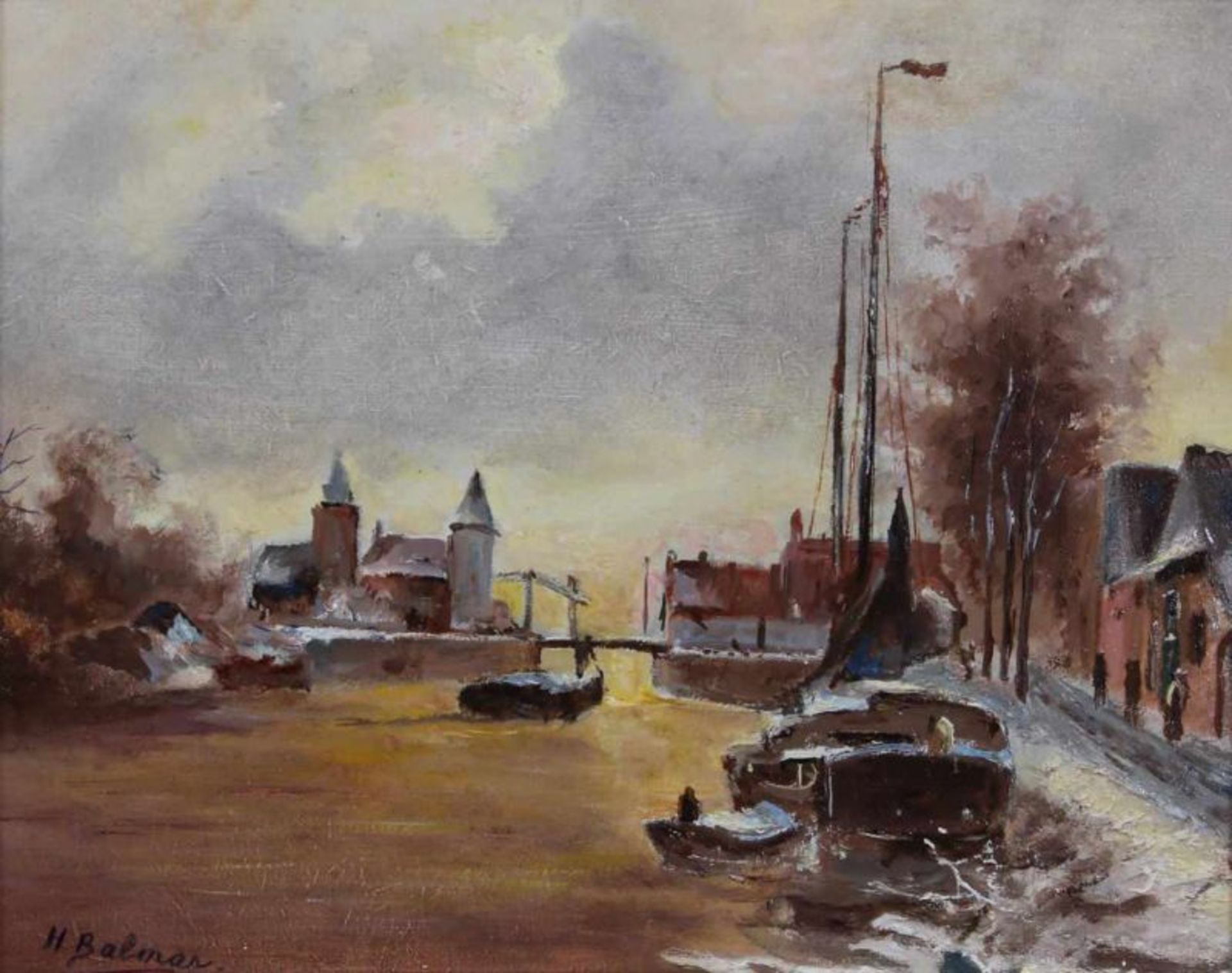 Balman, H. (geb. 1940, holländischer Maler von Küstenlandschaften), "Holländischer Kanal im Winter",