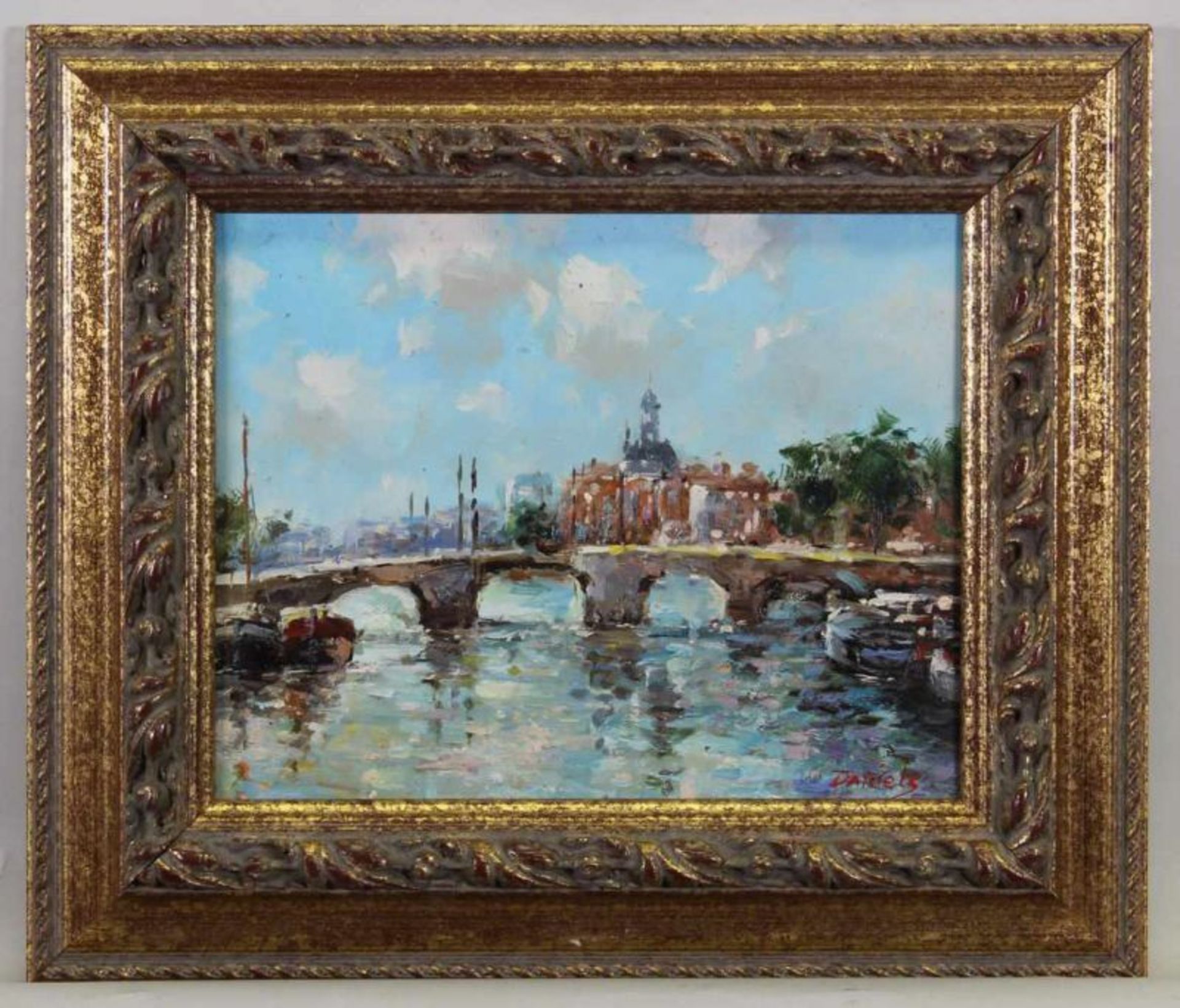 Daniels (20. Jh.), "Amsterdamer Ansicht", Öl auf Platte, signiert unten rechts Daniels, 20 x 25 cm - Image 2 of 3