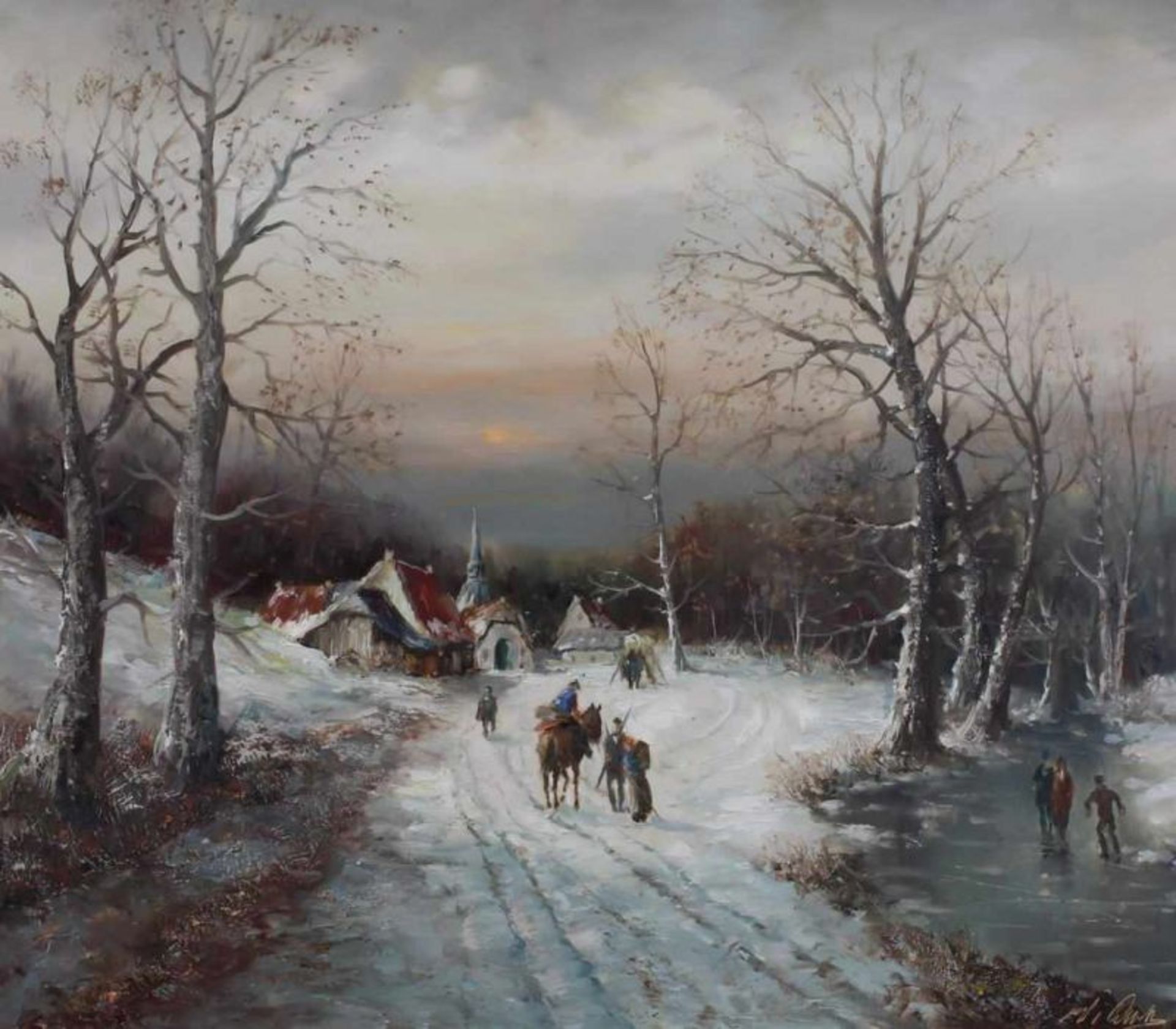 Undeutlich signiert (20. Jh.), "Winter vor dem Dorf", Öl auf Leinwand, undeutlich signiert unten