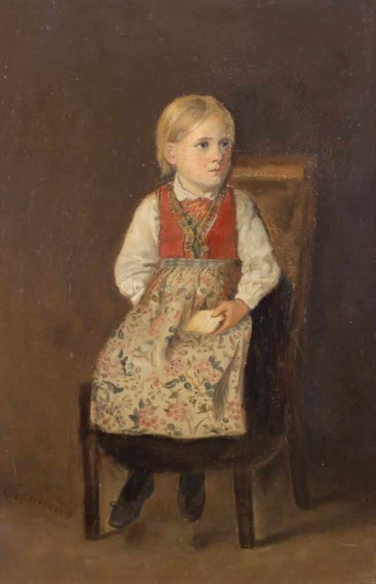 Tidemand (19. Jh.), "Mädchen auf einem Stuhl sitzend", Ölstudie, Öl auf Leinwand, bezeichnet unten