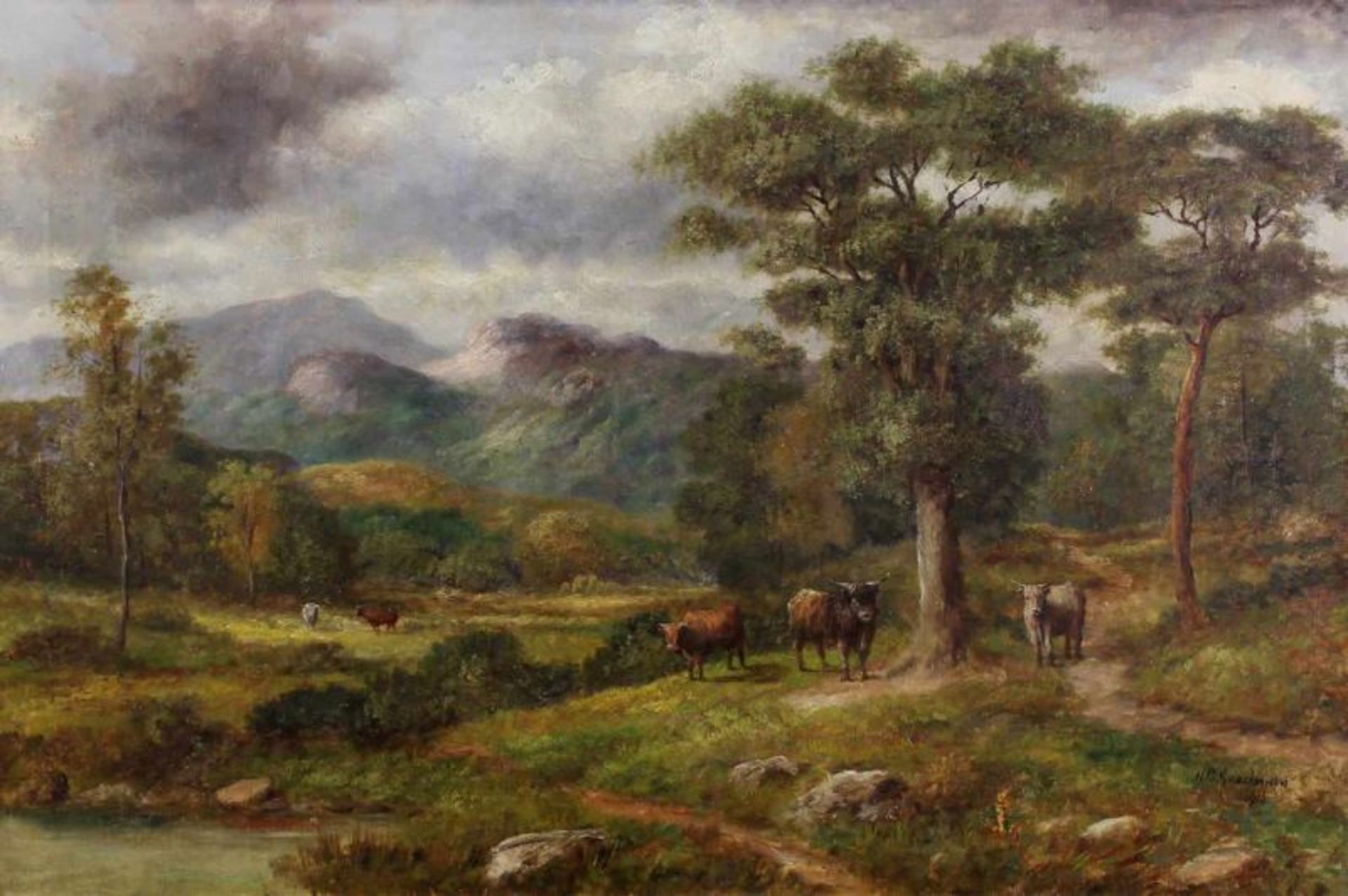 Englischer Maler (19./20. Jh.), "Highland Cattle in Perthshire", Öl auf Leinwand, undeutlich