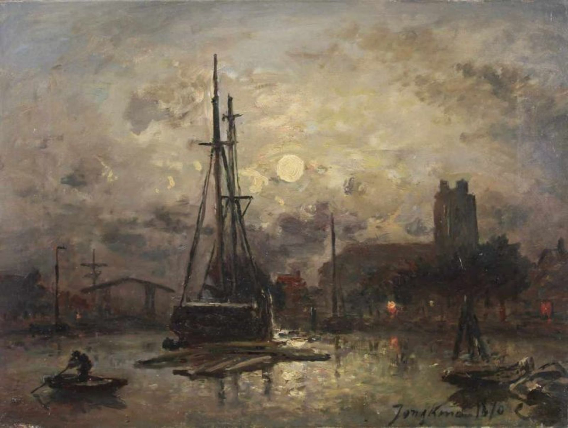 Jongkind, Johan Barthold (1819 - 1891), Nachfolge, "Nächtliche Hafenansicht von Dordrecht", Öl auf