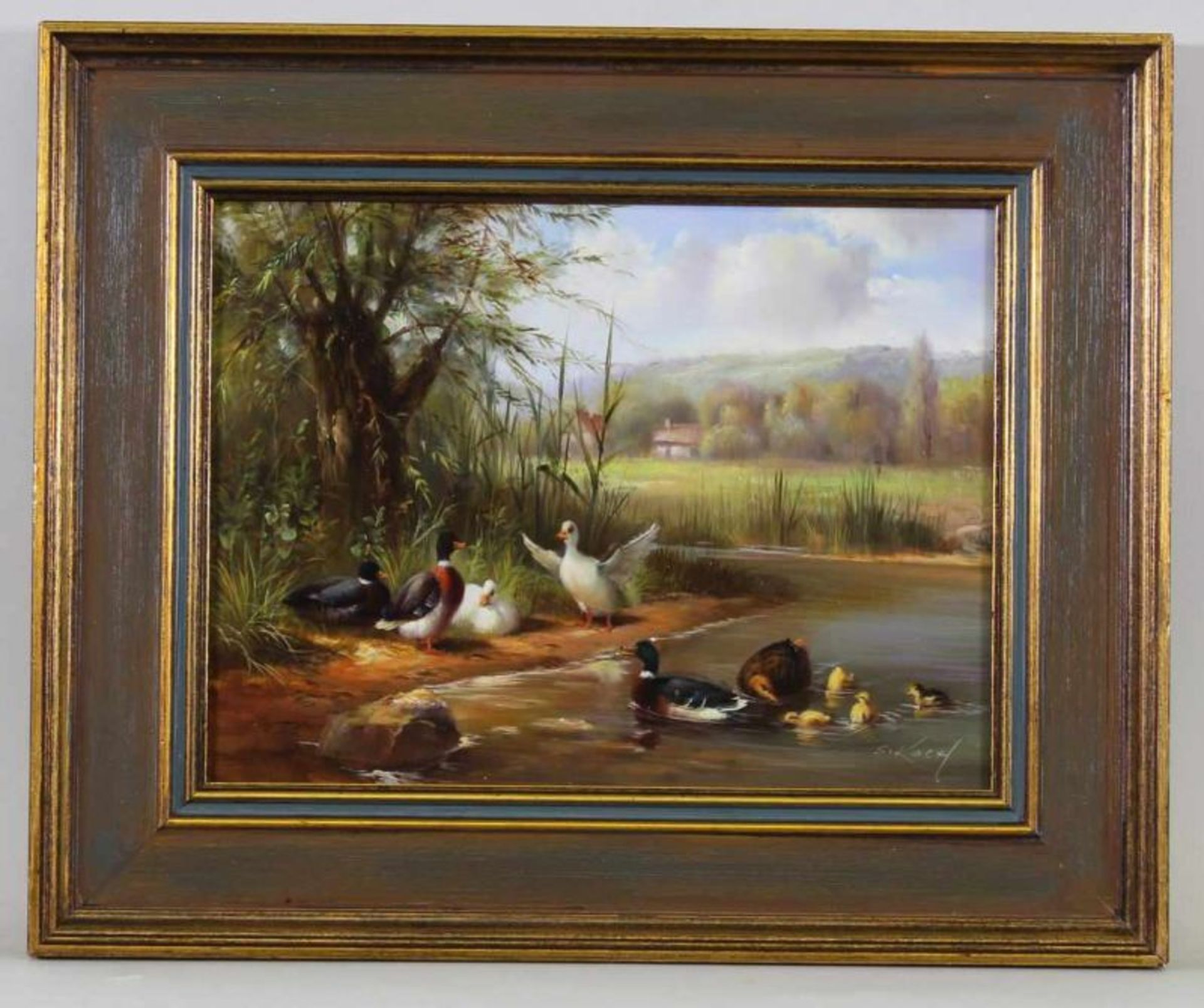 Koch, Samuel (geb. 1912 Schleswig, deutscher Tier- und Geflügelmaler), "Entenschar am Ufer", Öl - Image 2 of 3