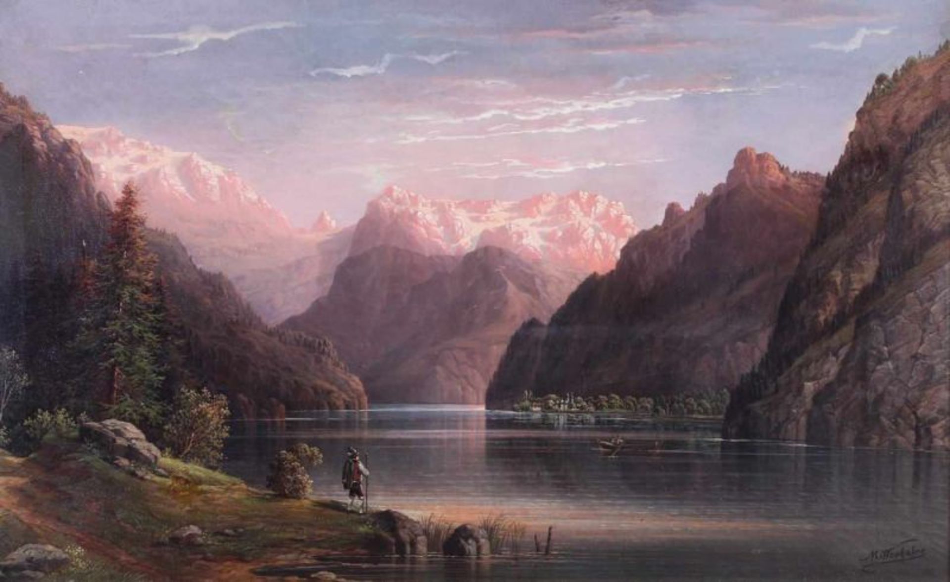 Mittenhaber (19. Jh.), "Wanderer am Gebirgssee", Öl auf Leinwand, signiert unten rechts Mittenhaber,